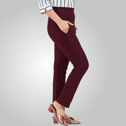 Wine High Waist All Day Cotton Lycra Pant