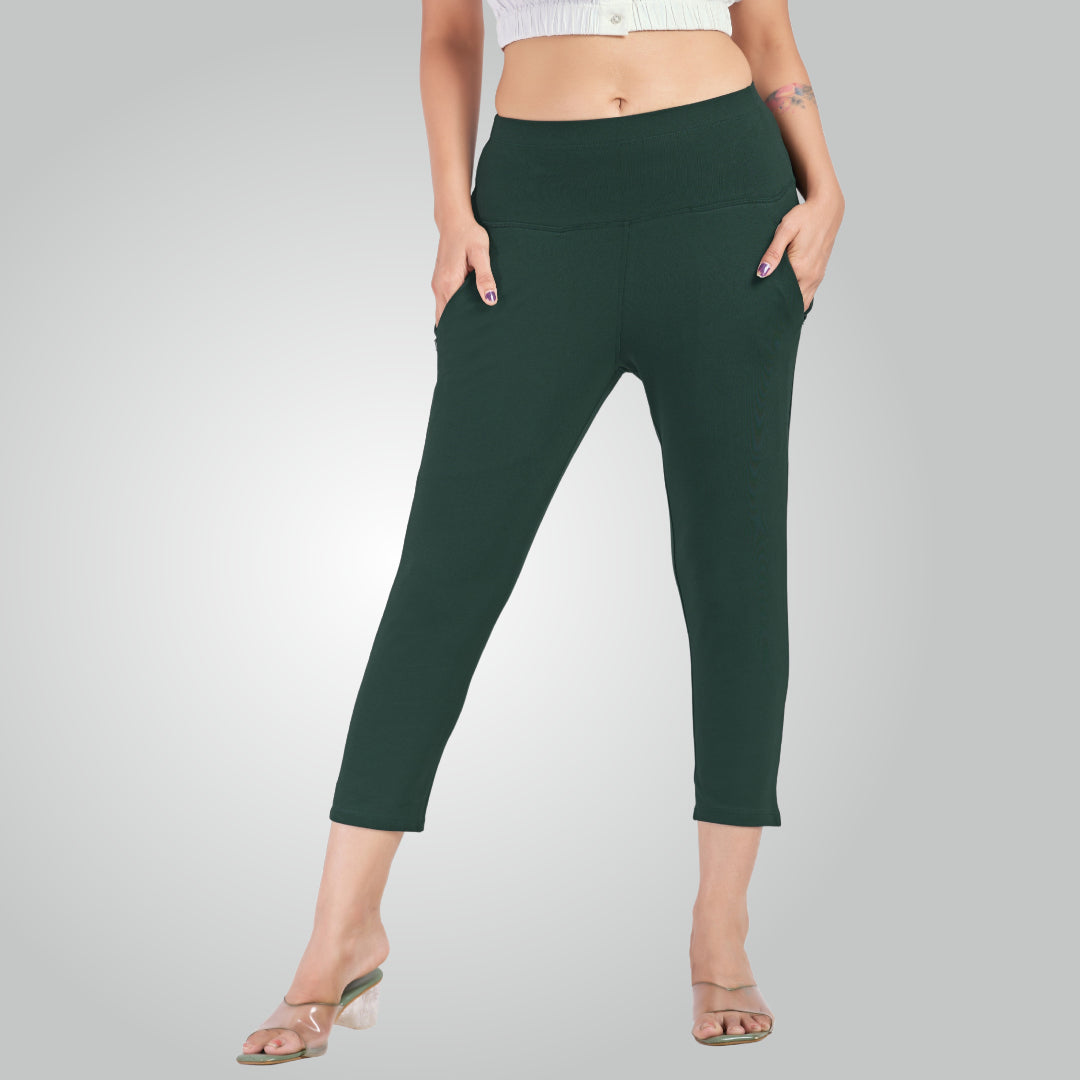 Bottle Green High Waist All Day Cotton Lycra Capris