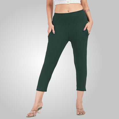 Bottle Green High Waist All Day Cotton Lycra Capris