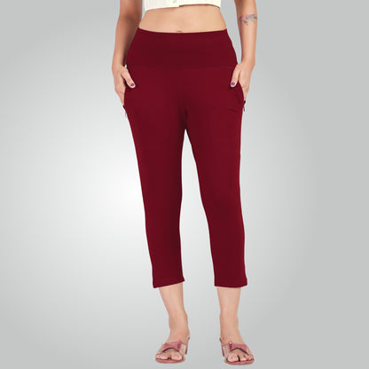 Maroon High Waist All Day Cotton Lycra Capris