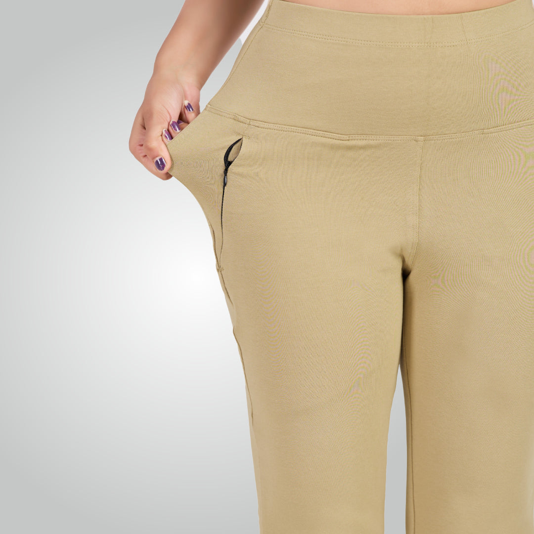 Beige High Waist All Day Cotton Lycra Pant