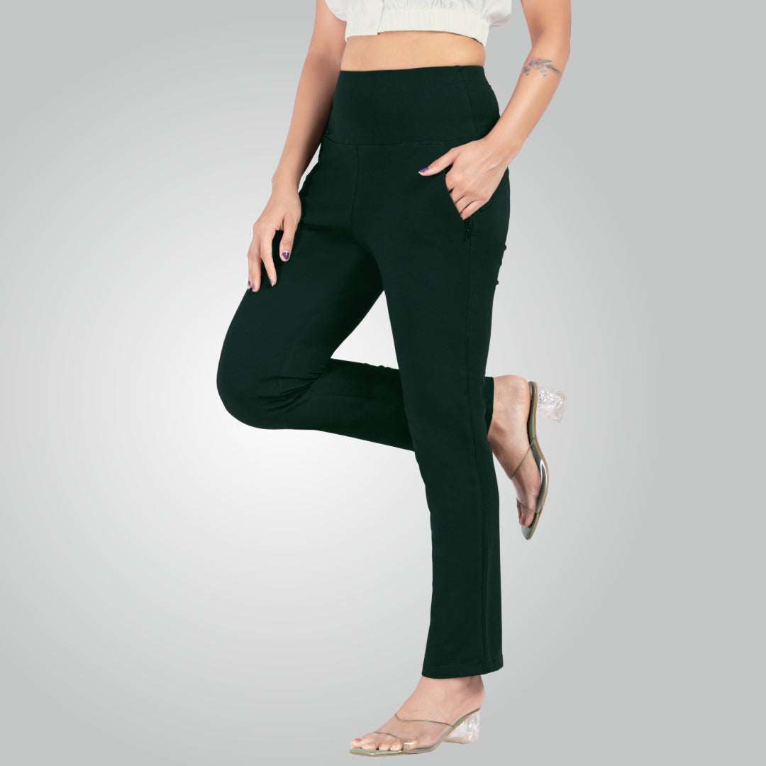 Bottle Green High Waist All Day Cotton Lycra Pant