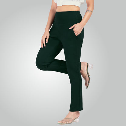 Bottle Green High Waist All Day Cotton Lycra Pant