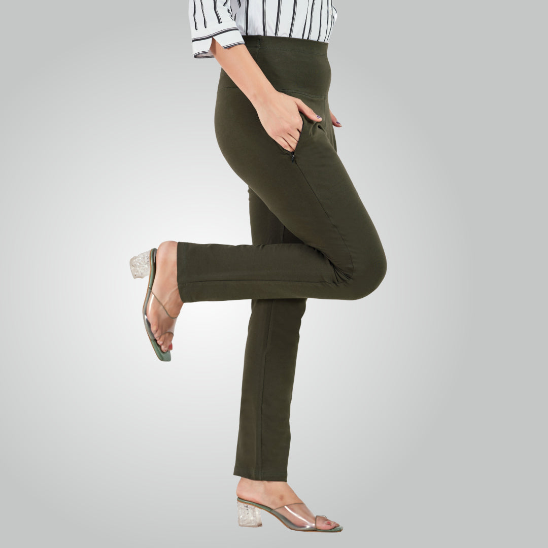 Olive Green High Waist All Day Cotton Lycra Pant
