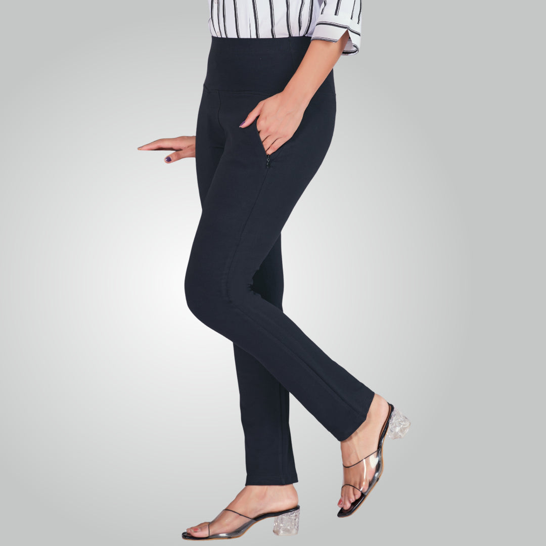 Navy Blue High Waist All Day Cotton Lycra Pant