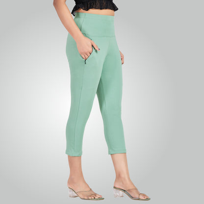 Mint Green High Waist All Day Cotton Lycra Capris
