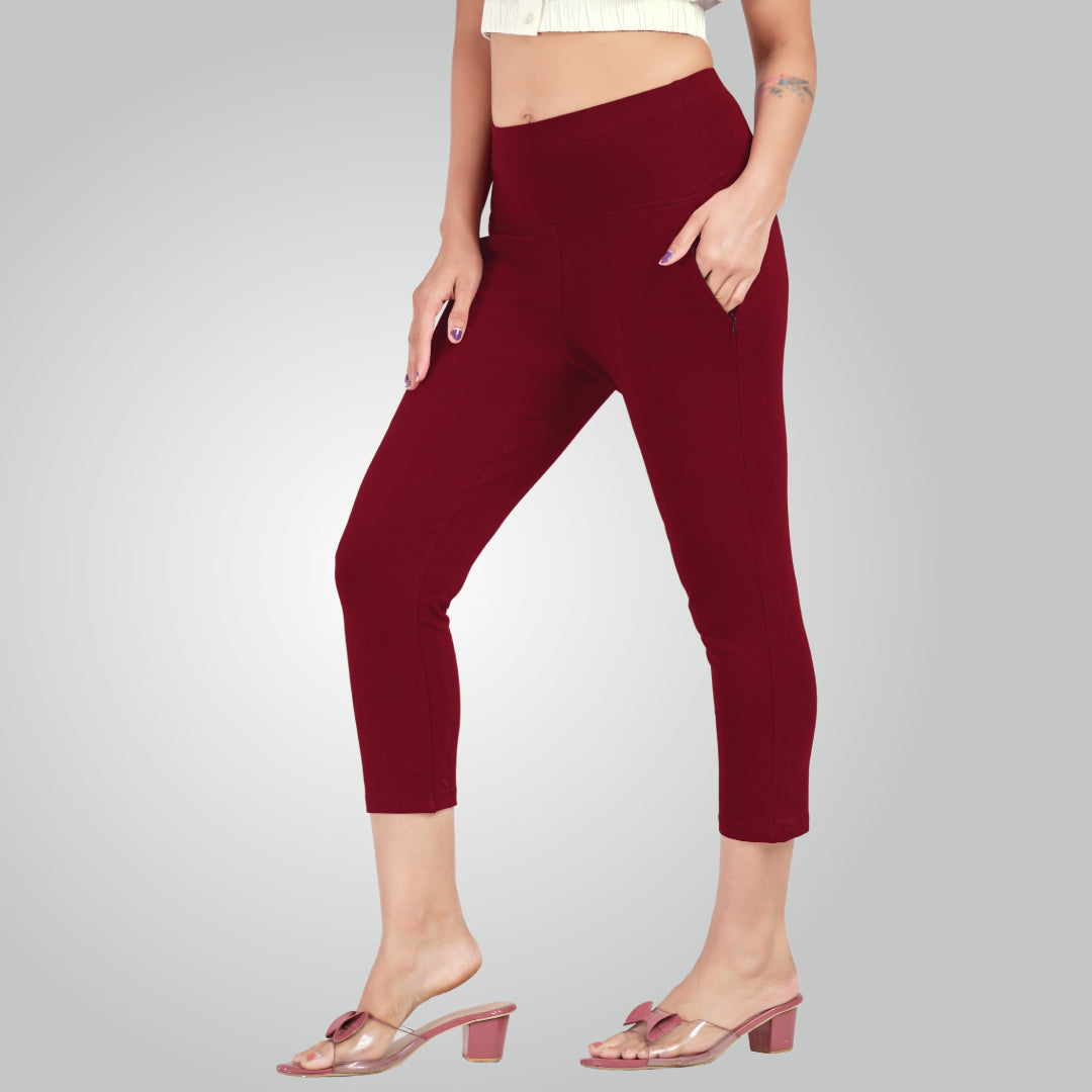 Maroon High Waist All Day Cotton Lycra Capris