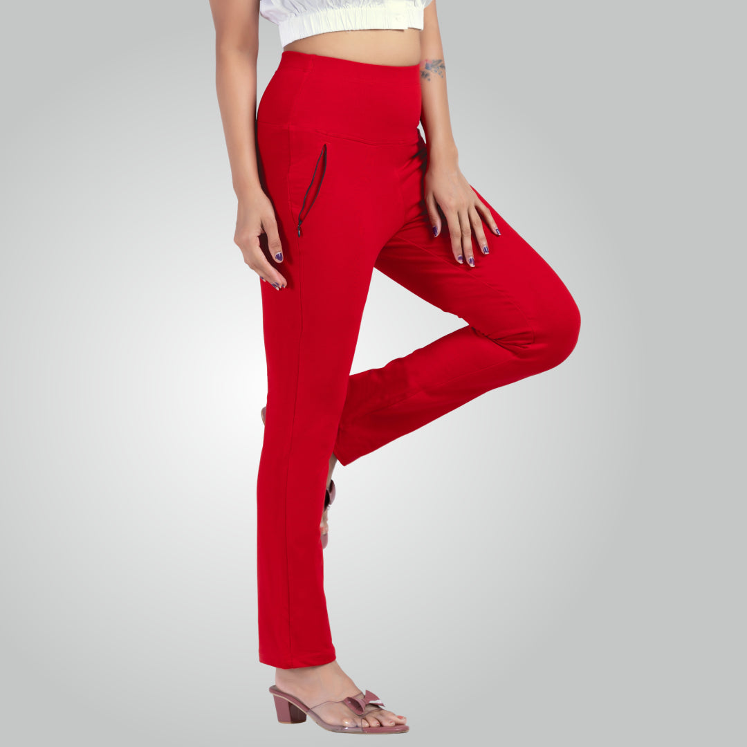 Red High Waist All Day Cotton Lycra Pant