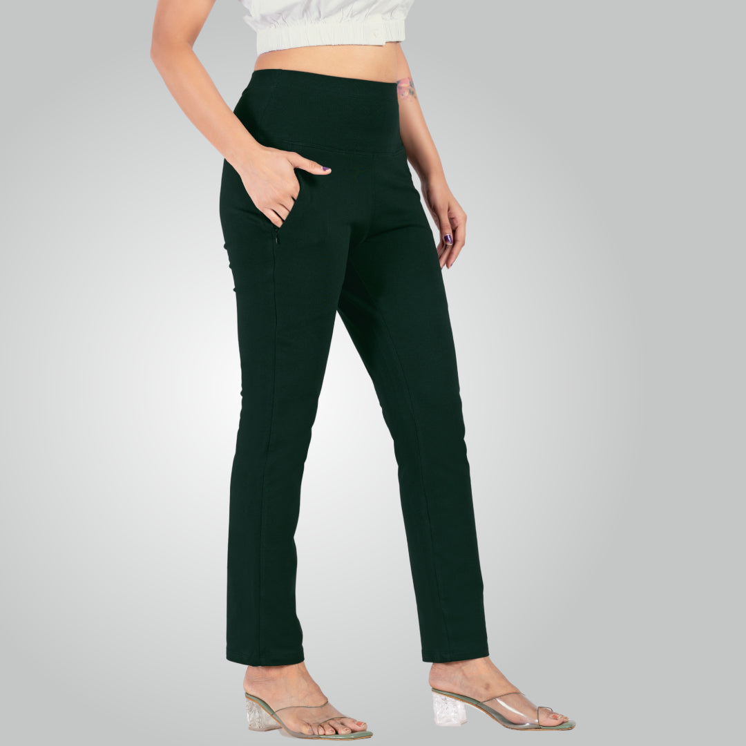 Bottle Green High Waist All Day Cotton Lycra Pant