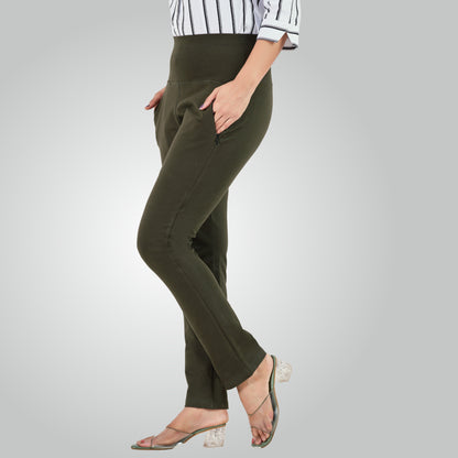 Olive Green High Waist All Day Cotton Lycra Pant