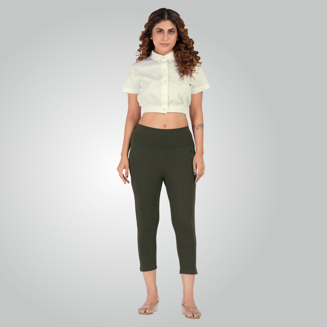 Olive Green High Waist All Day Cotton Lycra Capris