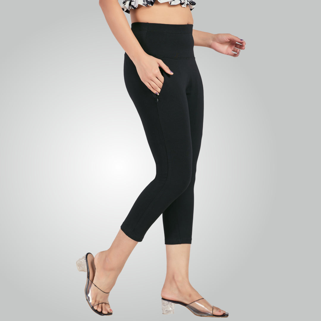 Black High Waist All Day Cotton Lycra Capris