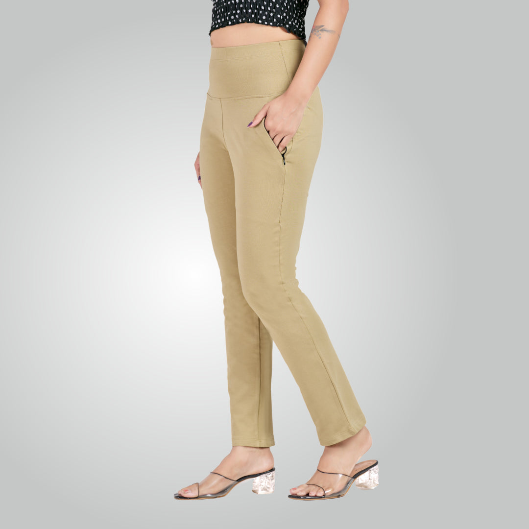 Beige High Waist All Day Cotton Lycra Pant