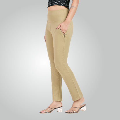 Beige High Waist All Day Cotton Lycra Pant