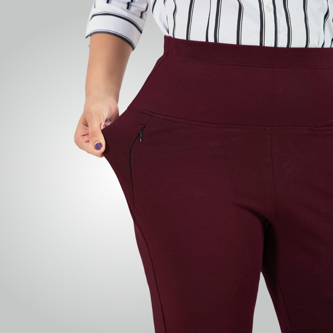 Wine High Waist All Day Cotton Lycra Pant