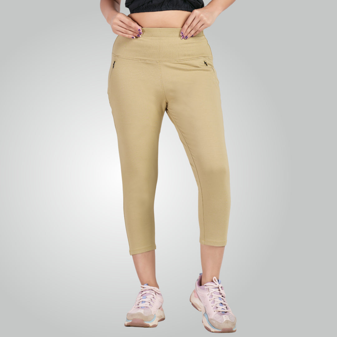 Beige High Waist All Day Cotton Lycra Capris