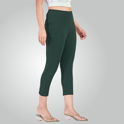 Bottle Green High Waist All Day Cotton Lycra Capris