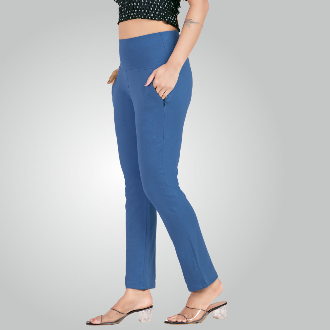 Denim Blue High Waist All Day Cotton Lycra Pant