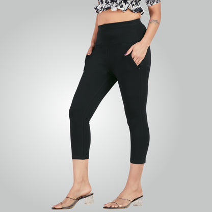 Black High Waist All Day Cotton Lycra Capris