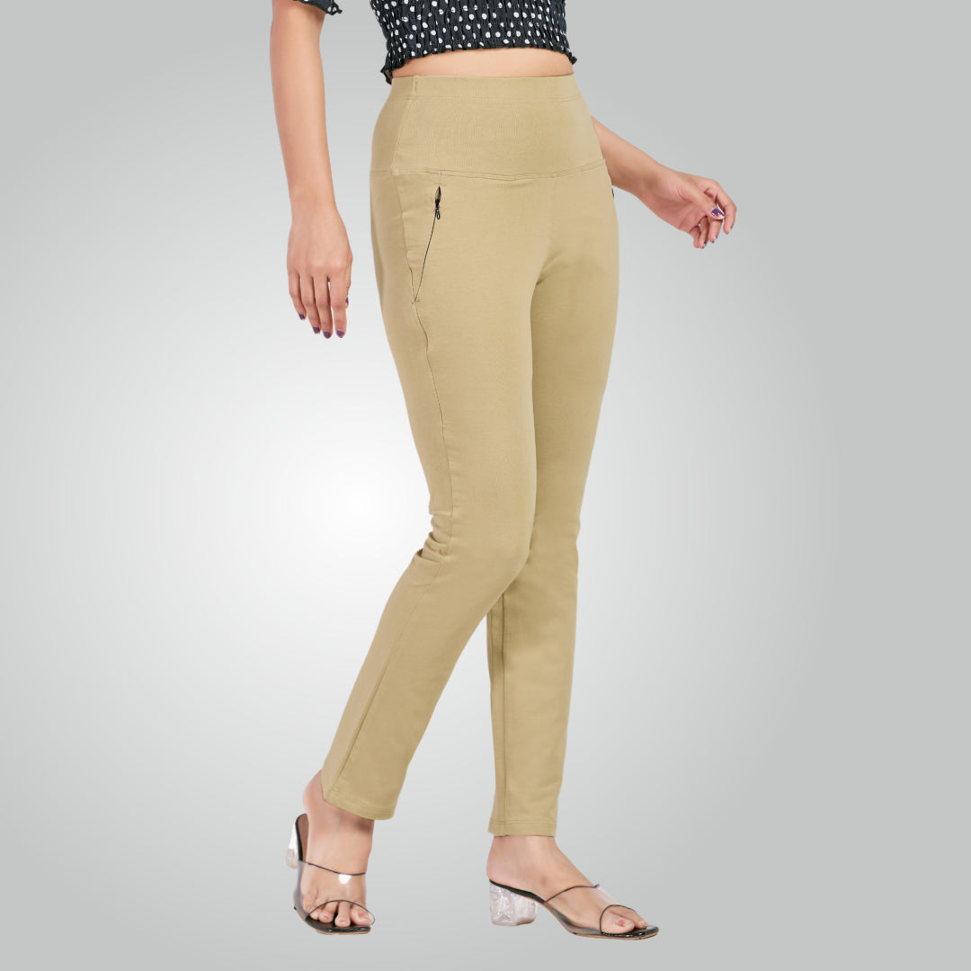 Beige High Waist All Day Cotton Lycra Pant