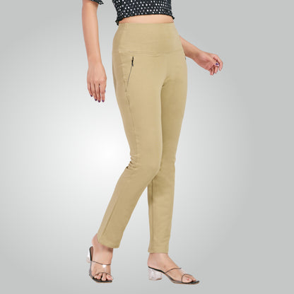 Beige High Waist All Day Cotton Lycra Pant