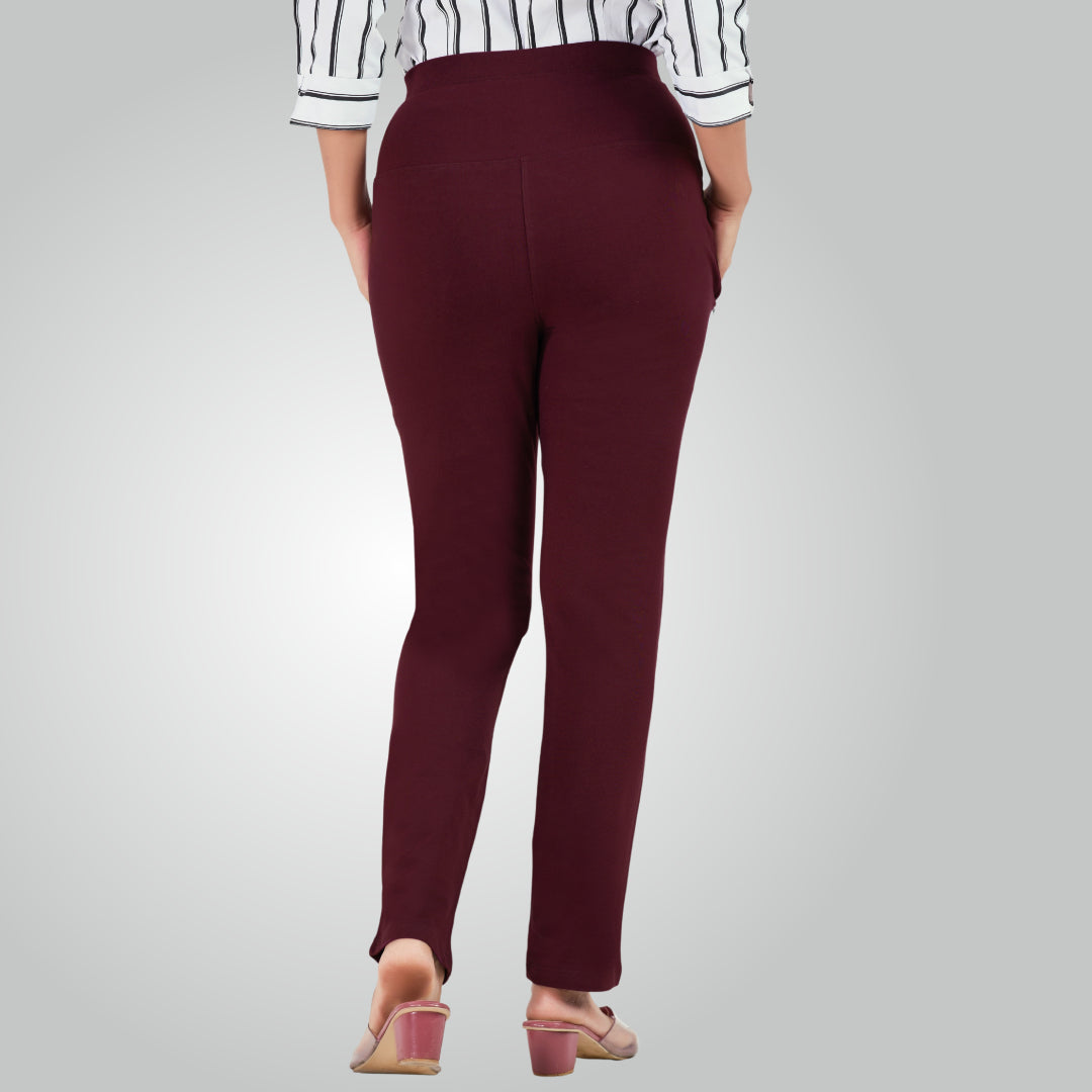 Wine High Waist All Day Cotton Lycra Pant