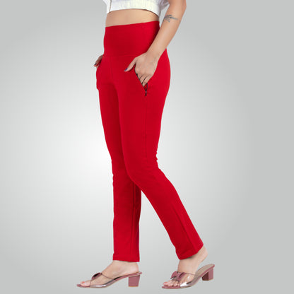 Red High Waist All Day Cotton Lycra Pant