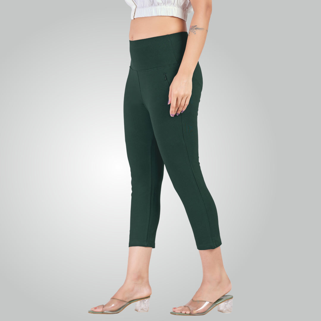 Bottle Green High Waist All Day Cotton Lycra Capris