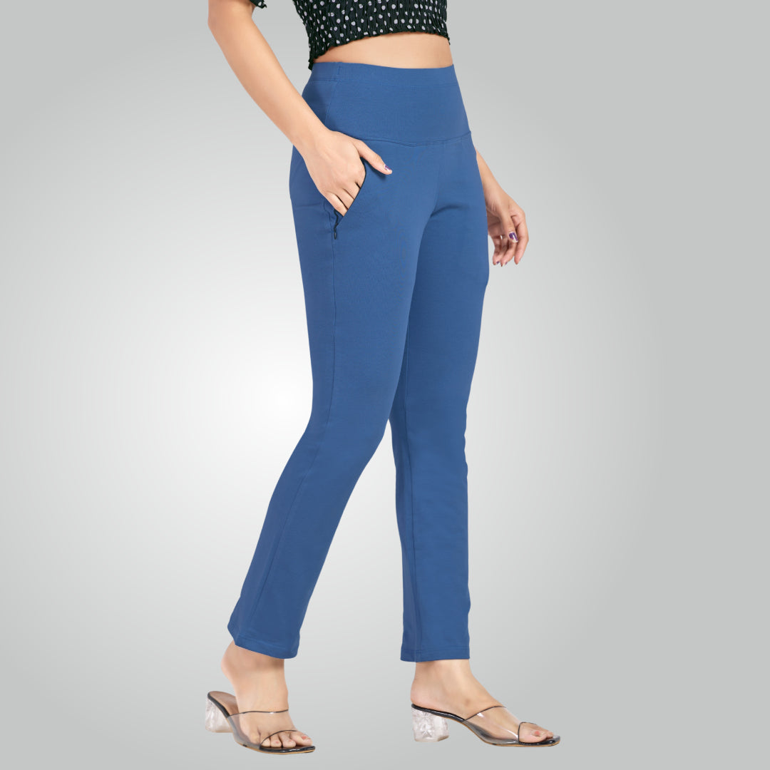 Denim Blue High Waist All Day Cotton Lycra Pant