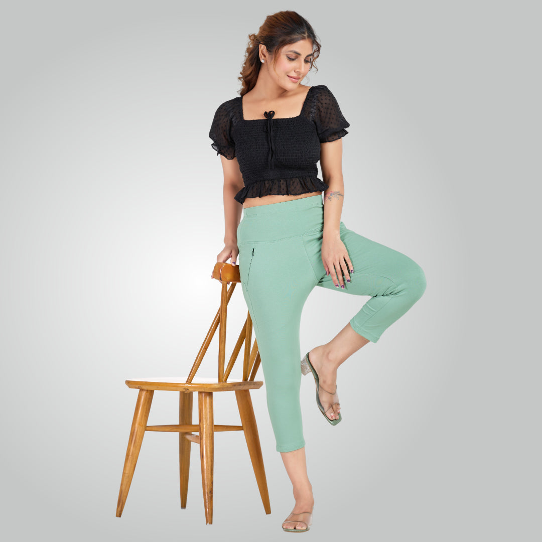 Mint Green High Waist All Day Cotton Lycra Capris