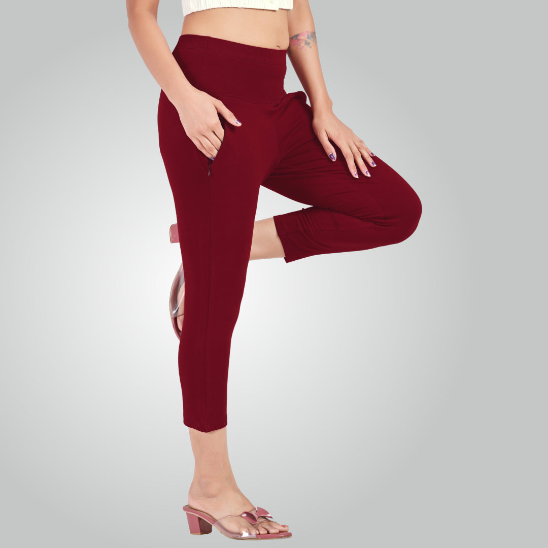 Maroon High Waist All Day Cotton Lycra Capris