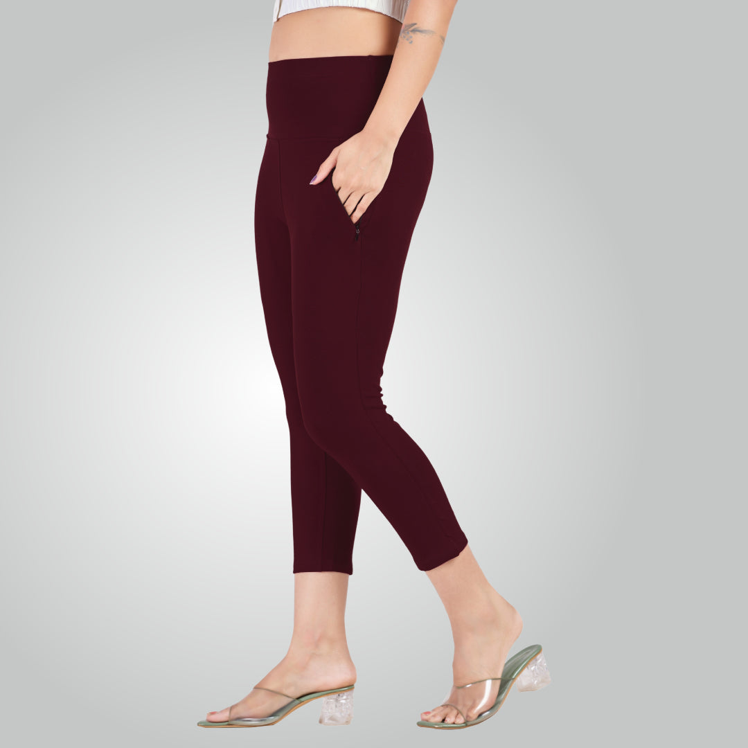 Wine High Waist All Day Cotton Lycra Capris