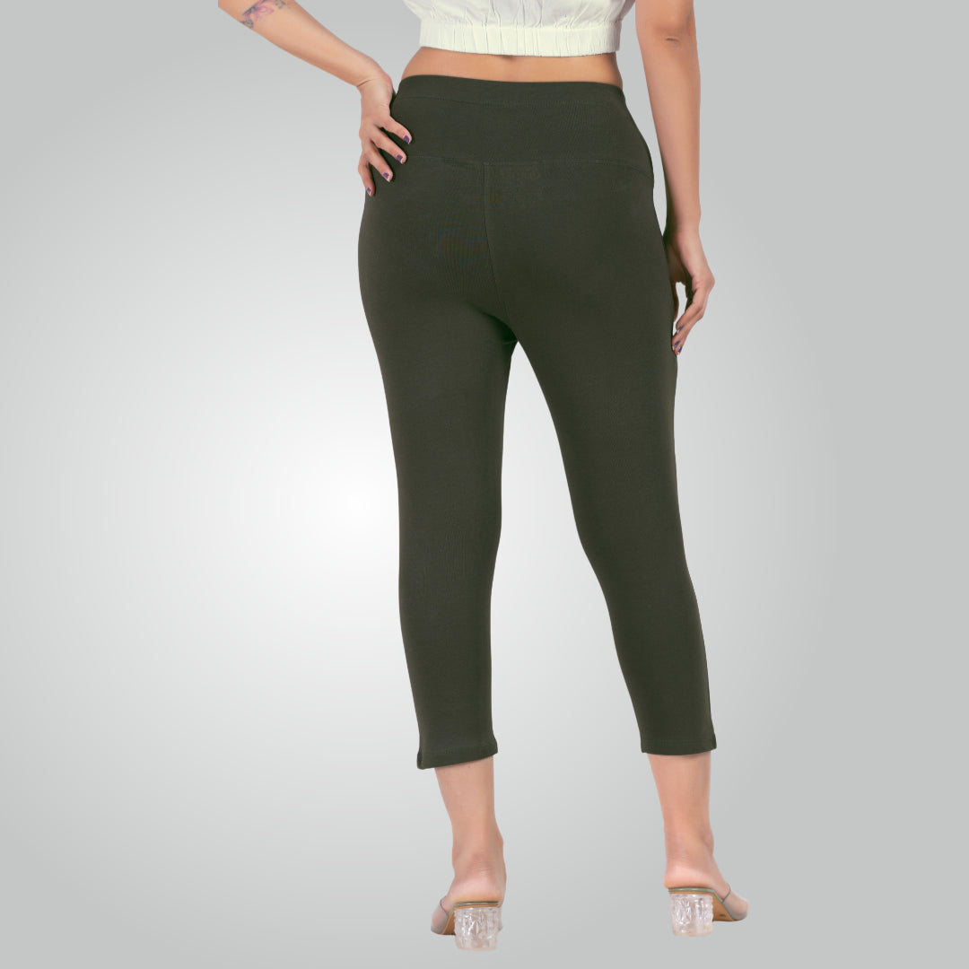 Olive Green High Waist All Day Cotton Lycra Capris
