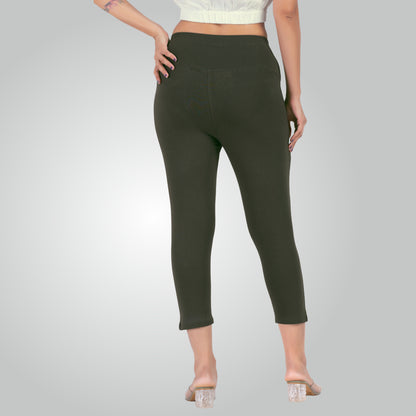 Olive Green High Waist All Day Cotton Lycra Capris