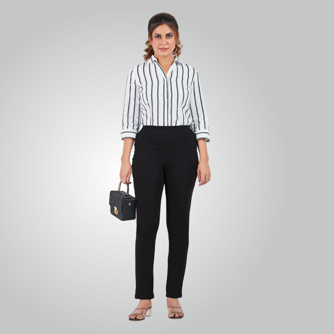 Black High Waist All Day Cotton Lycra Pant