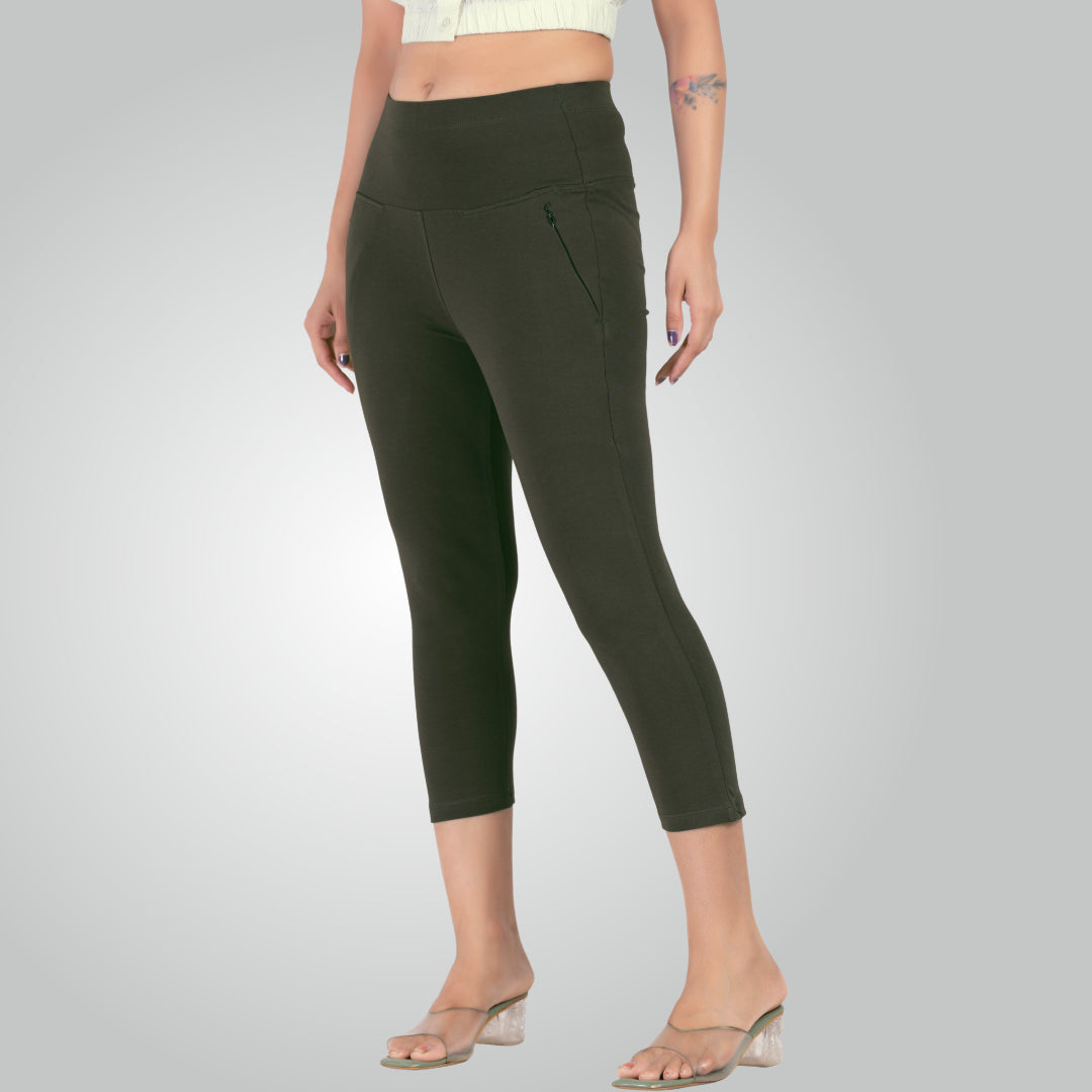 Olive Green High Waist All Day Cotton Lycra Capris