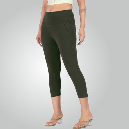 Olive Green High Waist All Day Cotton Lycra Capris
