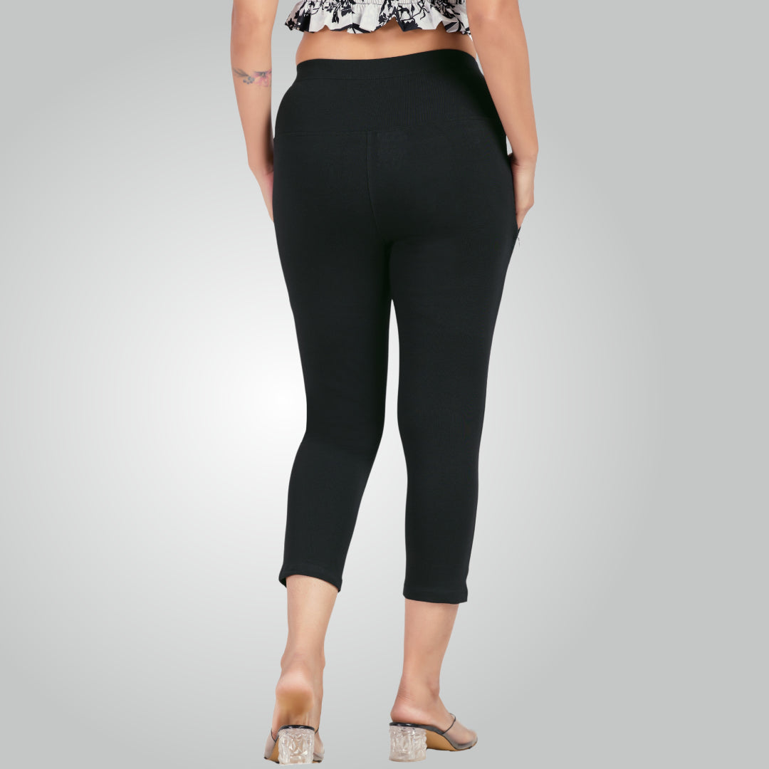 Black High Waist All Day Cotton Lycra Capris