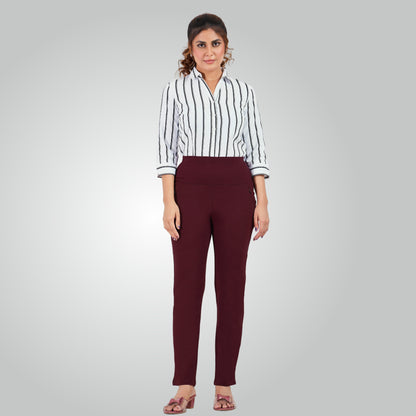 Wine High Waist All Day Cotton Lycra Pant