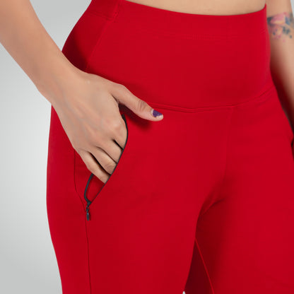 Red High Waist All Day Cotton Lycra Pant
