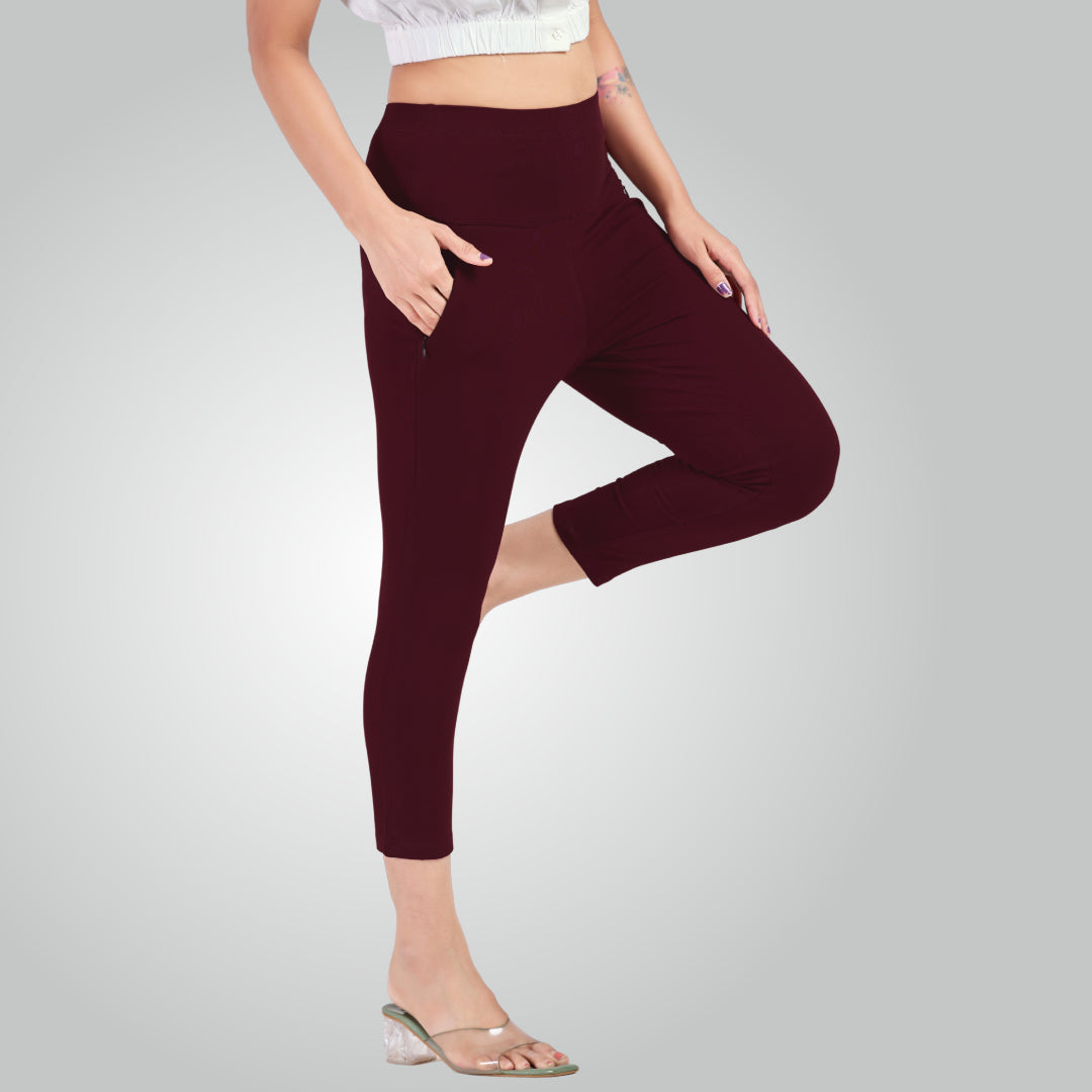 Wine High Waist All Day Cotton Lycra Capris