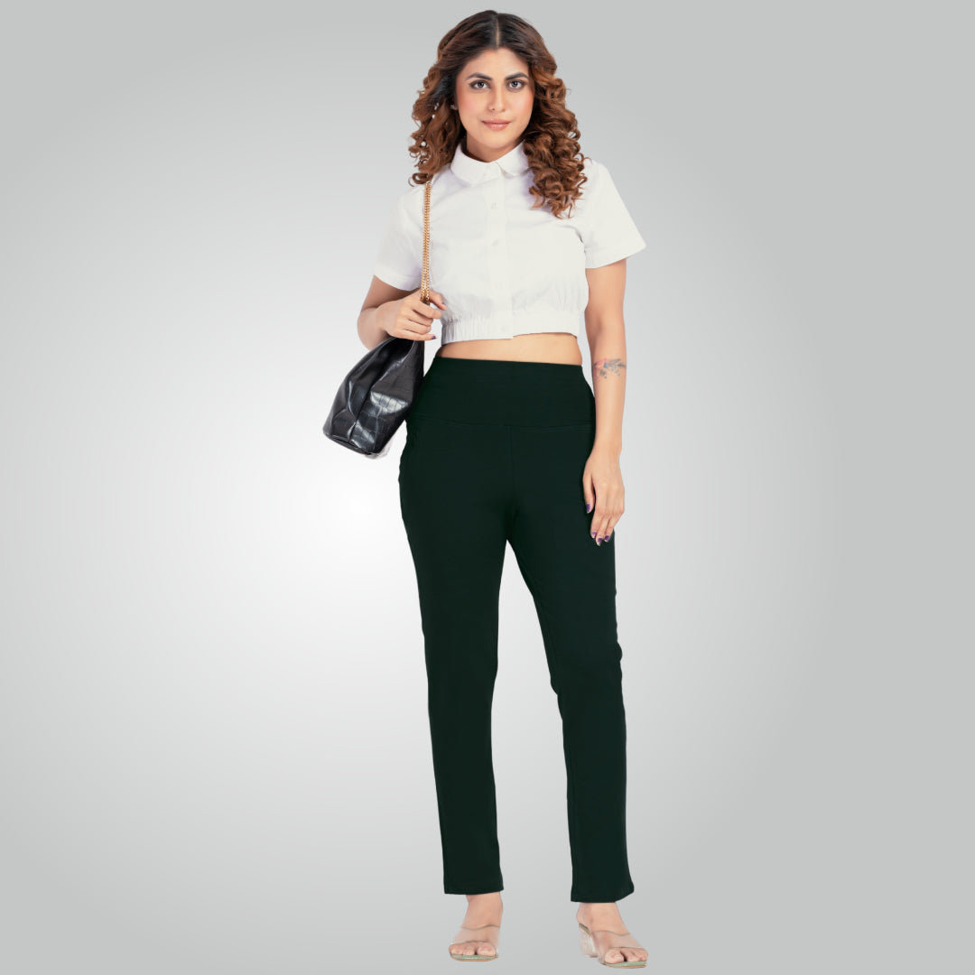 Bottle Green High Waist All Day Cotton Lycra Pant