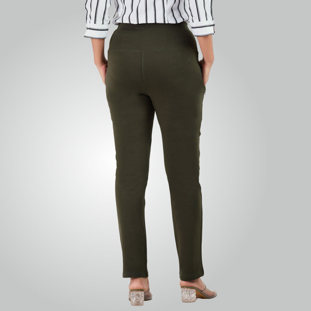 Olive Green High Waist All Day Cotton Lycra Pant