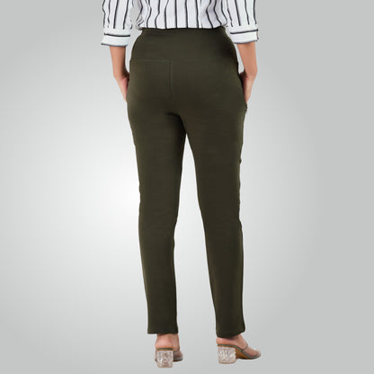 Olive Green High Waist All Day Cotton Lycra Pant