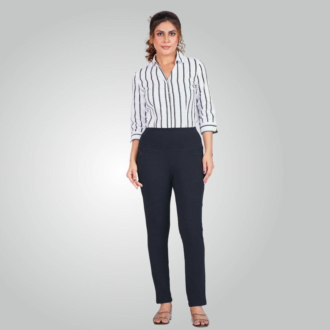 Navy Blue High Waist All Day Cotton Lycra Pant
