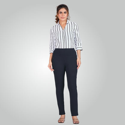 Navy Blue High Waist All Day Cotton Lycra Pant