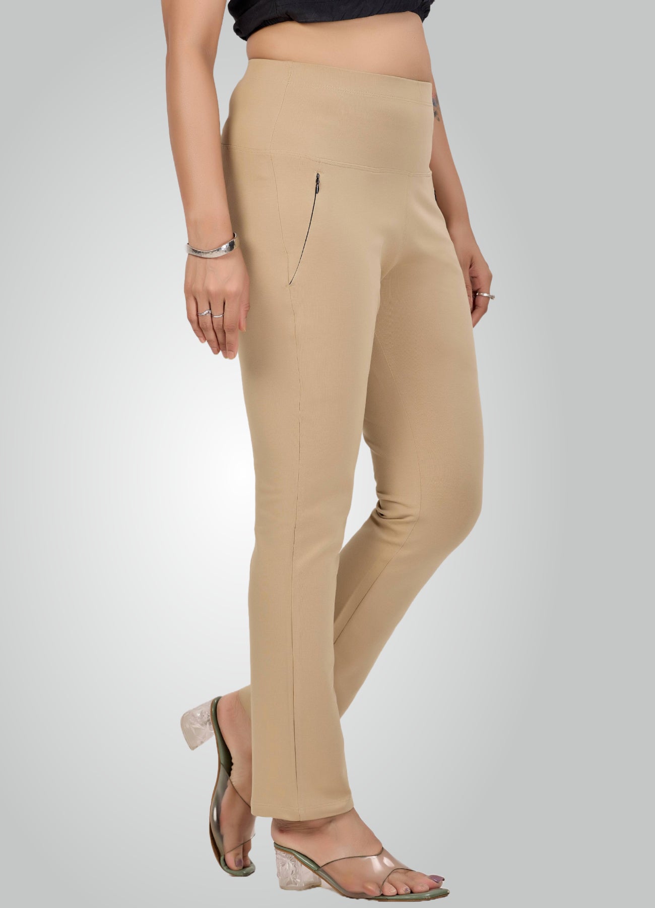 BEIGE 4-WAY STRETCH COTTON HIGH WAIST PANT