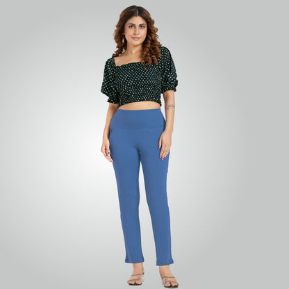 Denim Blue High Waist All Day Cotton Lycra Pant