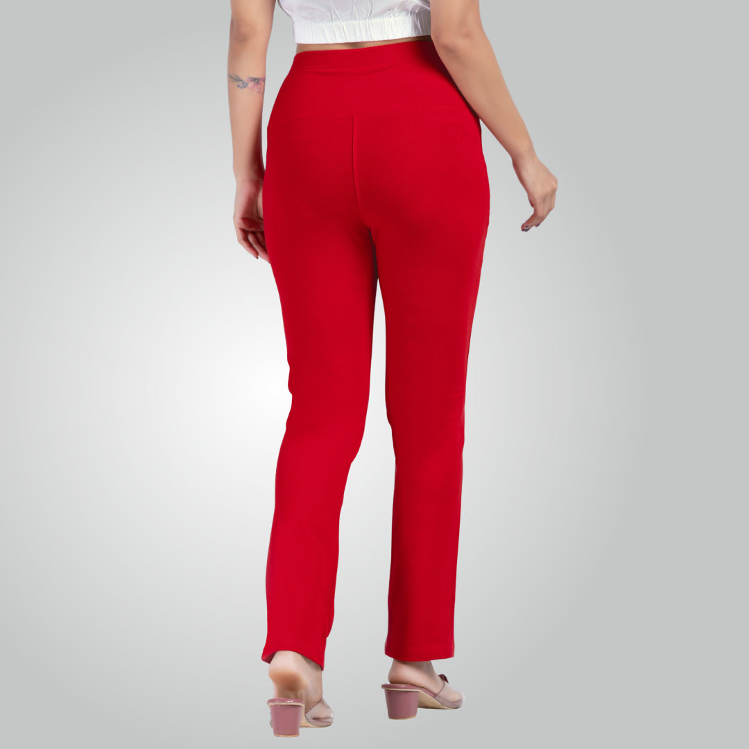 Red High Waist All Day Cotton Lycra Pant