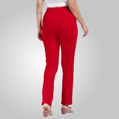 Red High Waist All Day Cotton Lycra Pant